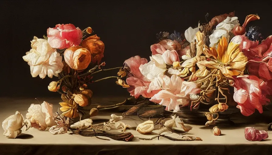 Image similar to beautiful disturbing dutch golden age bizarre floral still life with toes sprouting up everywhere by rachel ruysch black background chiaroscuro beautiful dramatic lighting perfect composition high definition 8 k 1 0 8 0 p