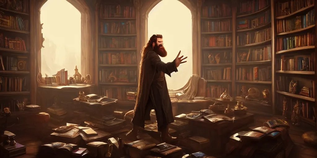 Prompt: a handsome bearded white male sorcerer in his library, the room filled with colorful magic, hands not shown, brown hair, epic composition, waist up, trending on artstation, concept art, very detailed, consistent, hd, by stanton feng