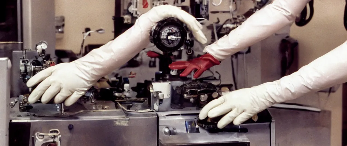 Prompt: a high quality color extreme closeup hd 4 k film 3 5 mm photograph of hand wearing rubber gloves wiping cobwebs off of a piece of equipment in 1 9 8 2