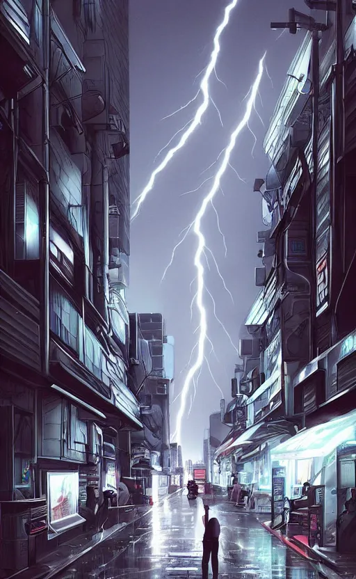 Image similar to large tokyo street, a person looks at the flashes of lightning bolts in sky, dark sky by artgerm, illustration, trending on artstation, deviantart,