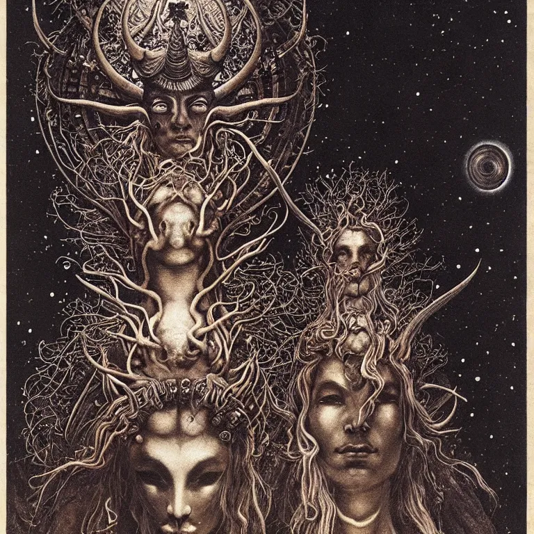 Prompt: A detailed horned many-faced goddess stands among the cosmos. Wearing a ripped mantle-robe in cosmic texture. Perfect faces, extremely high details, realistic, fantasy art, solo, masterpiece, art by Zdzisław Beksiński, Arthur Rackham, Dariusz Zawadzki