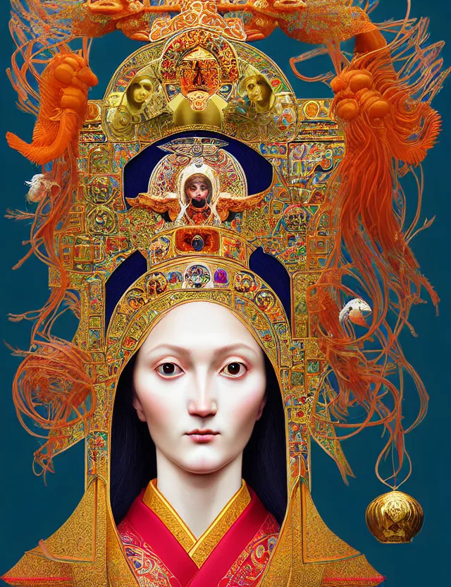 Image similar to 3 d goddess close - up profile portrait russian orthodox icon with ram skull. beautiful intricately detailed japanese crow kitsune mask and clasical japanese kimono. betta fish, jellyfish phoenix, bio luminescent, plasma, ice, water, wind, creature, artwork by tooth wu and wlop and beeple and greg rutkowski