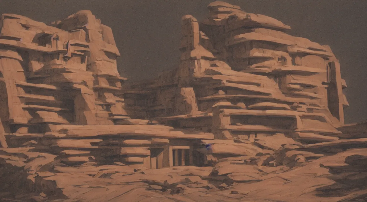 Image similar to chiaroscuro gouache by james gurney. building designed by frank lloyd wright. dune palace. composed by directory kurosawa ( 1 9 6 2 )