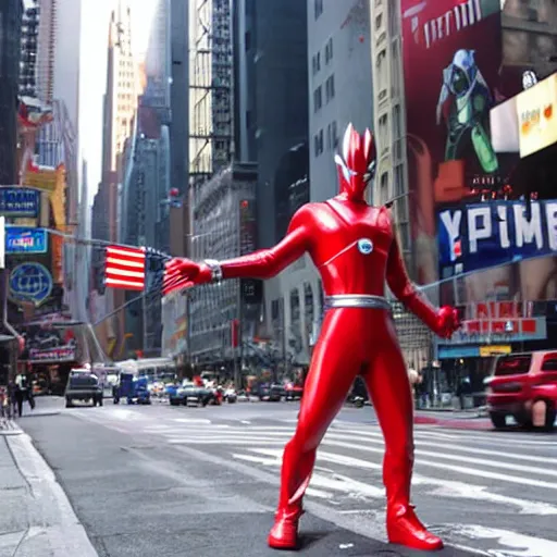 Image similar to giant ultraman walking on new york street!, cinematic,