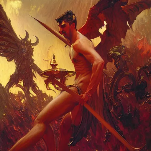 Image similar to attractive male lucifer morningstar casting a spell summoning male demons, they rise from down bellow. highly detailed painting by gaston bussiere, craig mullins, j. c. leyendecker, 8 k