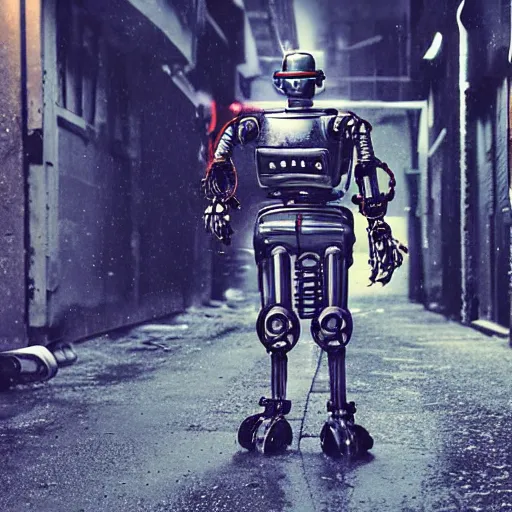 Prompt: an old robot with treads holding a katana with a badass pose. Rainy Grungy neon cyberpunk alleyways in the background Badass pose , Photo realistic , Gregory Crewdson , Award winning. Masterpiece, exquisite detail, post processing