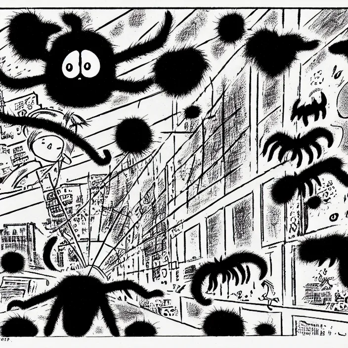 Image similar to a still frame from comic strip, black fluffy hairy furry spider on a clean background 1 9 5 0, herluf bidstrup, new yorker illustration, monochrome contrast bw, lineart, manga, tadanori yokoo, simplified,