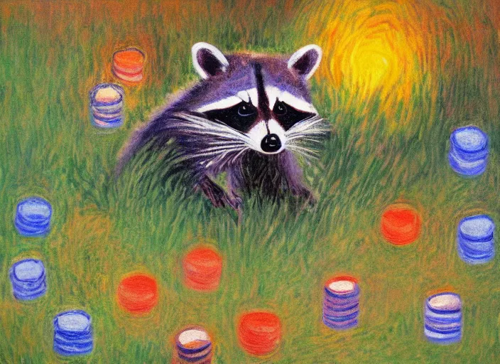 Prompt: painting of raccoon! with colorful paper lanterns in a forest at night, in the style of Claude Monet