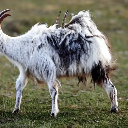 Image similar to screeching mutant goat monster with bug sharp teeth and filthy white matted fur