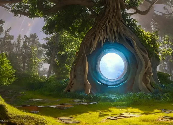 Image similar to portal tree on a luminescent crystal biome that looks like a movie shot by pixar, ultra detailed, fantasy, hyper realism, art, smooth, beautiful art, masterpiece, landscape, cinematic, wet reflections, ray tracing x, rtx, smooth