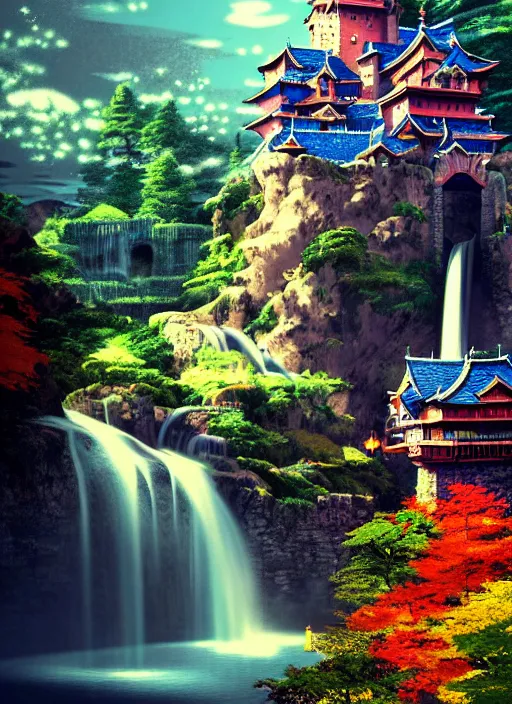 Image similar to fantasy castle, waterfall, river, mountain, night time scenery wallpaper aesthetic, anime style, beautiful, cinematic, dramatic, super detailed and intricate, hyper realistic, 4 k render, by koson ohara, by darwyn cooke, by satoshi kon