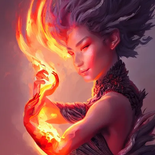 Prompt: a cute fire elemental, with fingers and hair turning into flames, fantasy, intricate, elegant, highly detailed, digital painting, artstation, concept art, wallpaper, smooth, sharp focus, illustration, art by artgerm and greg rutkowski