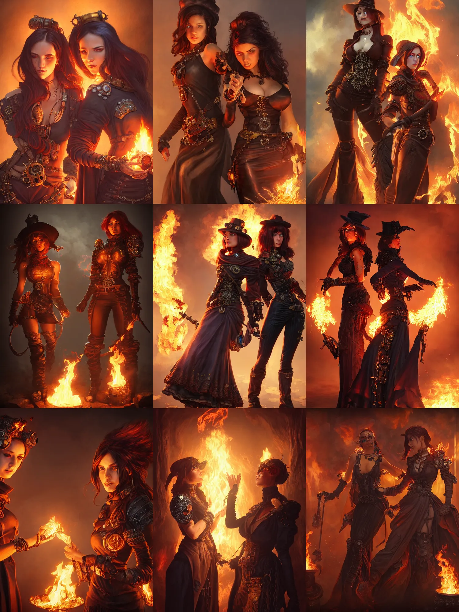 Prompt: a female pyromancer and a female necromancer standing together, steampunk, fire and darkness background, detailed face, sharp focus, highly detailed, cinematic lighting, studio quality, colorful, smooth render, unreal engine 5 rendered, octane, rendered, by artgerm, greg rutkowski, alphonse mucha