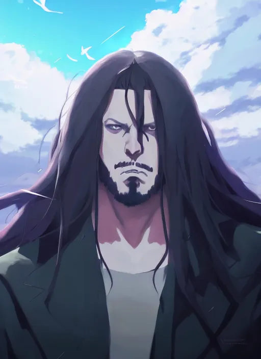 Image similar to portrait of undertaker wwe, cloudy sky background lush landscape illustration concept art anime key visual trending pixiv fanbox by wlop and greg rutkowski and makoto shinkai and studio ghibli