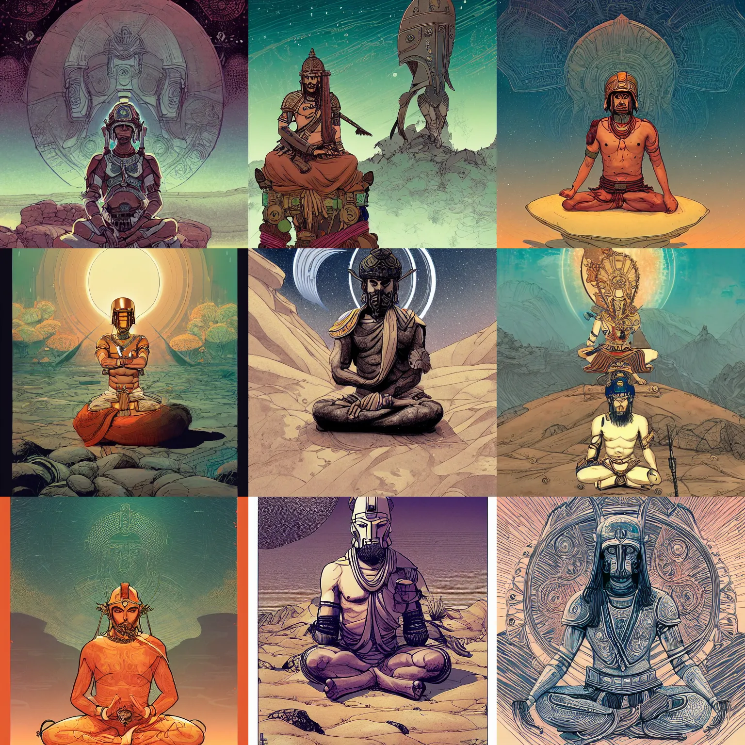 Prompt: saddhu with a spartan helmet meditating, by borderlands and by feng zhu and loish and laurie greasley, victo ngai, andreas rocha, john harris