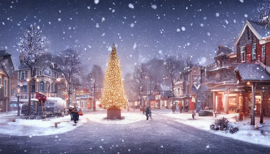 Image similar to midwest town, winter, snow, christmas lights, christmas tree, hyperdetailed, artstation, cgsociety, 8 k