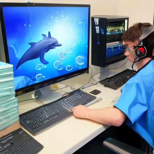 Prompt: A chemist wearing a dolphin outfit playing games on a computer