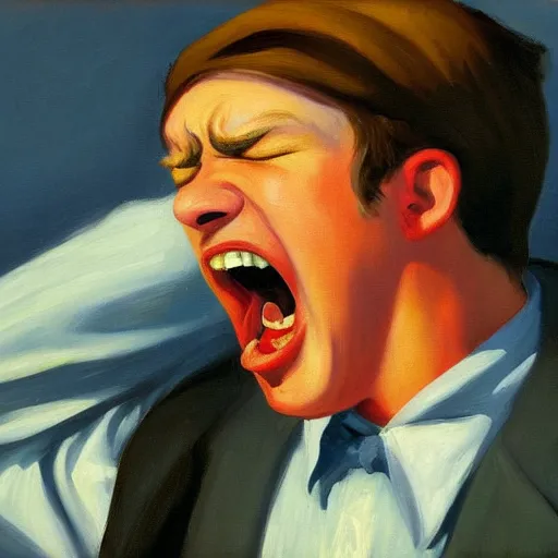 Prompt: a painting of a man screaming because of his sadness, the background is a blue sky with clouds, Edward hopper, 4k,