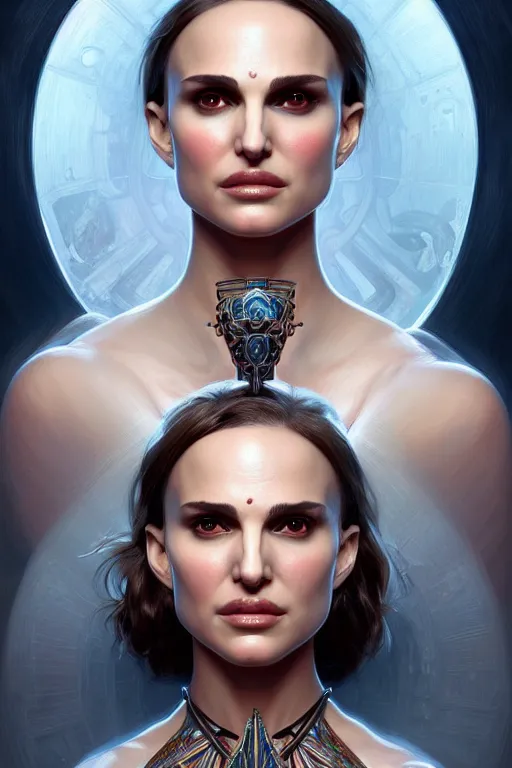 Image similar to symmetry!! portrait of natalie portman in the style of god of war, machine parts embedded into face, intricate, elegant, highly detailed, digital painting, artstation, concept art, smooth, sharp focus, illustration, art by artgerm and greg rutkowski and alphonse mucha, 8 k