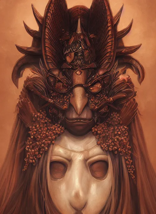 Image similar to a beautiful detailed oil on copper art illustration of a japanese tengu mask with big nose devil woman, centered, by charlie bowater, zeng fanzh, trending on artstation, dim dusk lighting, cinematic lighting, detailed lighting, volumetric lighting, realistic, f 8, 4 k hd wallpaper