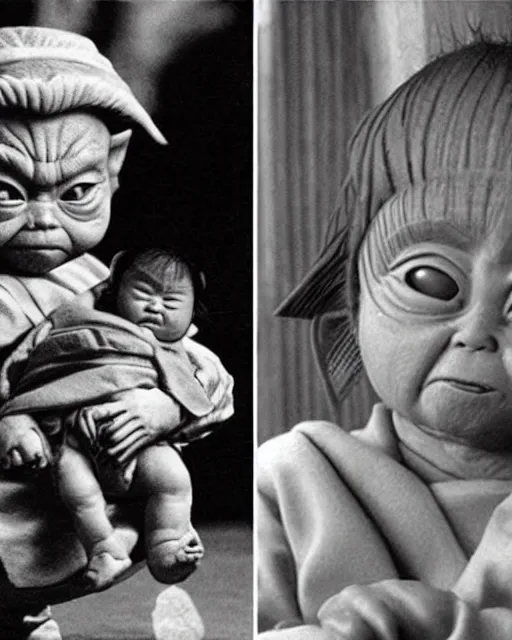 Prompt: Donald Trump as Ronin Ogami Ittō in Lone Wolf and Cub and Baby Yoda as Daigorō, photorealistic, Cinematic, Japanese