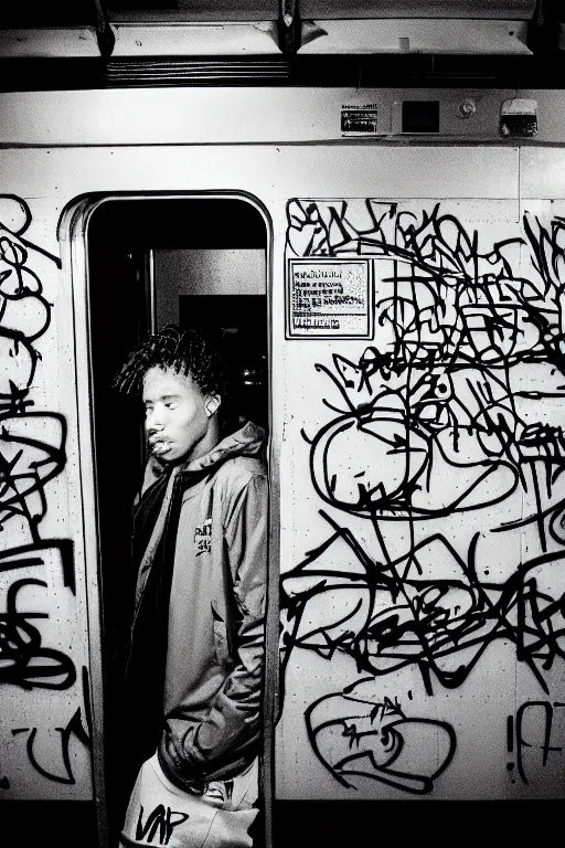 Image similar to subway cabin inside all in graffiti, man in stussy jacket closeup writing graffiti, night, film photography, exposed b & w photography, christopher morris photography