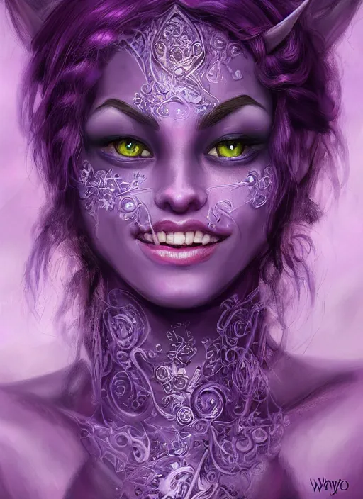 Image similar to purple skin, Tiefling , smiling, beautiful detailed eyes, cute, fantasy, intricate, elegant, highly detailed, digital painting, 4k, HDR, concept art, detailed jewelry, smooth, sharp focus, illustration, by Wayne Reynolds