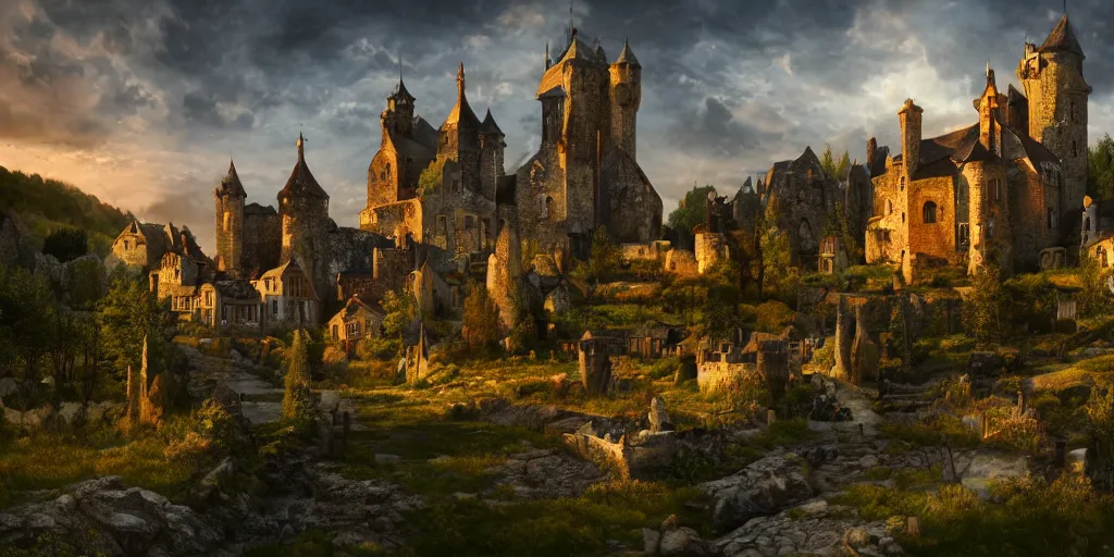 Prompt: landscape with a medieval gothic castle and a medieval village in a valley, hyperrealistic, realistic, photorealistic, dynamic lighting, highly detailed, cinematic landscape, studio landscape, studio lighting