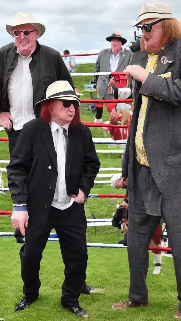 Image similar to michael fish vs john mccririck in a boxing match, in the middle of a paddock