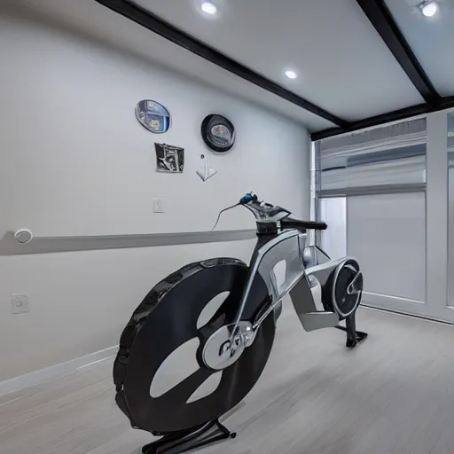 Prompt: a light cycle parked in a house garage