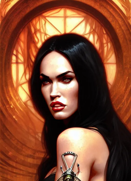 Image similar to portrait of megan fox as a vampire queen, jewelry, greek, black, intricate, headshot, highly detailed, digital painting, artstation, concept art, sharp focus, cinematic lighting, illustration, art by artgerm and greg rutkowski, alphonse mucha, cgsociety