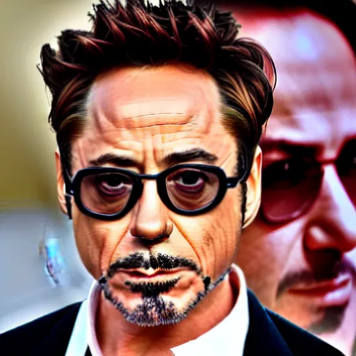 Image similar to Robert Downey Jr. with a very tired and tired face rolls his eyes, in a business black suit crossed his arms, stands indoors, the background is blurred, focus in the foreground, realism, details,