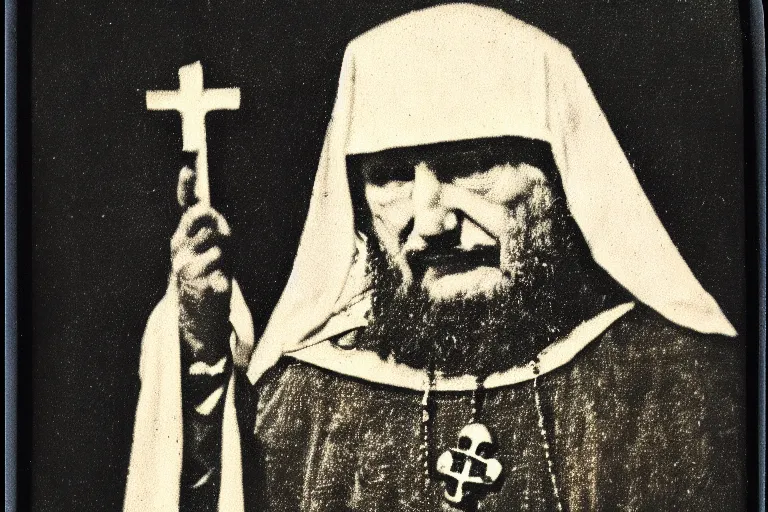 Image similar to dark old polaroid of an medieval religious leader, with a weird religious symbol, wide angle