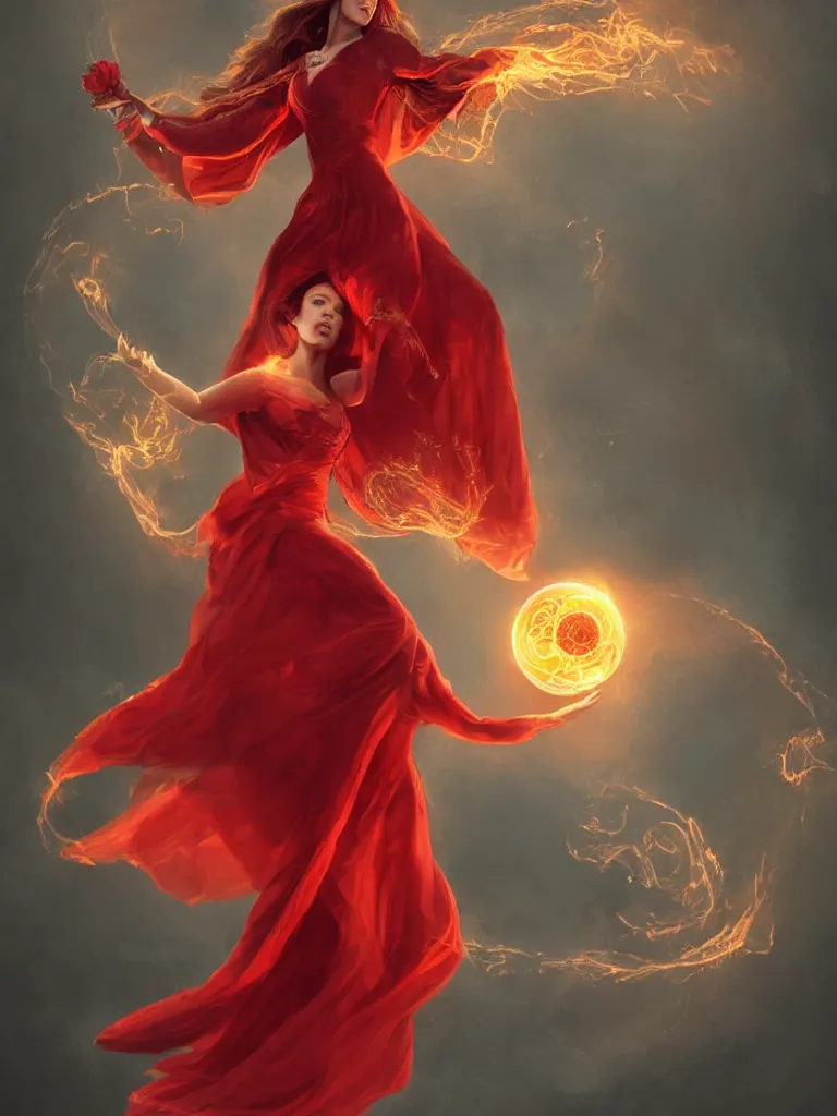 Image similar to A woman floats in midair, encircled by a ring of fire. She wears a crimson gown and her hair is wild and flowing. In her hands she holds a staff adorned with a large crystal ball, super coherent, trending on artstation, single subject, female, magic, by Lulu Chen and Mandy Jurgens