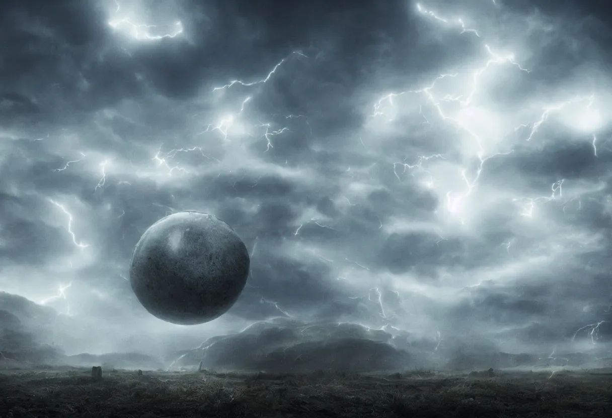 Image similar to Photorealistic epic misty landscape, a single smooth reflective sphere floats in the air. Magic, psychedelic glowing runes, stones falling from the sky, with ominous storm clouds, a gentle rising mist. Occult photorealism, UHD, amazing depth, cinematic lighting, epic scale, glowing rich colors, powerful imagery, concept art