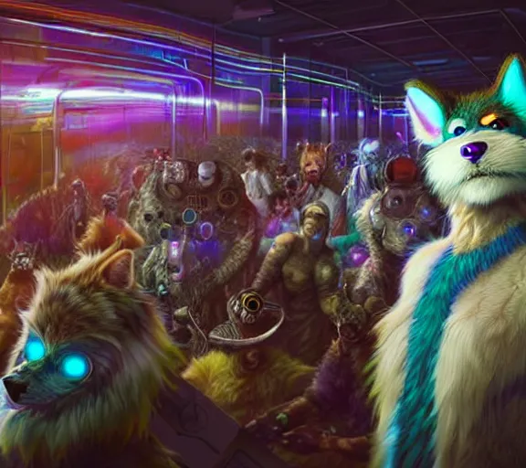 Image similar to high - resolution photograph from a biopunk era furry fandom convention ( midwest furfest 2 0 4 7 ), taking place after the genetic revolution and quantum singularity. photorealistic.