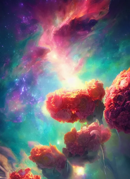 Prompt: An epic fantastic realism comic book style painting of the most beautiful flowers launched into space, nearby stars and fantastic nebula, bouquets, fisheye lens, unreal 5, DAZ, hyperrealistic, octane render, dynamic lighting