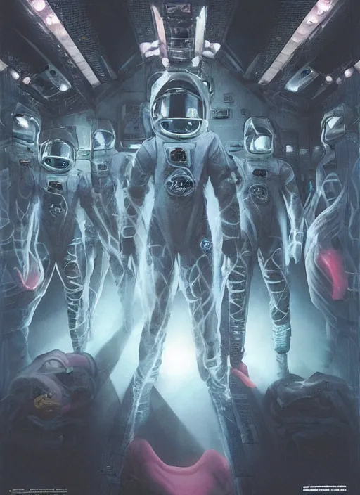 Image similar to astronauts in dark void underwater - complex and hyperdetailed technical suit. reflection and dispersion materials. rays and dispersion of light. volumetric light. f / 3 2. noise film photo. flash photography. ultra realistic, wide angle. poster by wayne barlowe, hajime sorayama aaron horkey, craig mullins