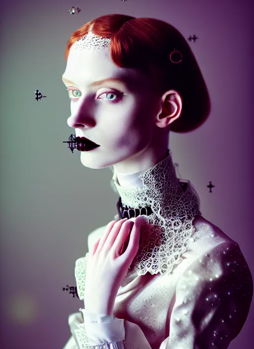 Image similar to kodak portra 4 0 0 photo portrait of a beautiful pale woman in style of tim walker, silver lace pearl steampunk biomechanic beautiful, big monocular, 1 5 0 mm, f 1. 2, volumetric light, coloured gel studio light, gothic fashion intricate pearl embroidered collar, unreal engine 5, 8 k