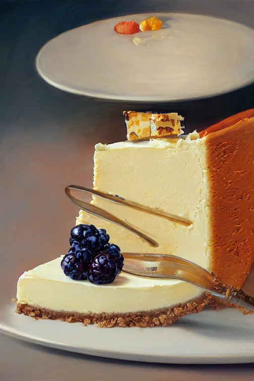 Image similar to still of putting cheesecake in the fridge oil on canvas, intricate, portrait, 8 k highly professionally detailed, hdr, cgsociety