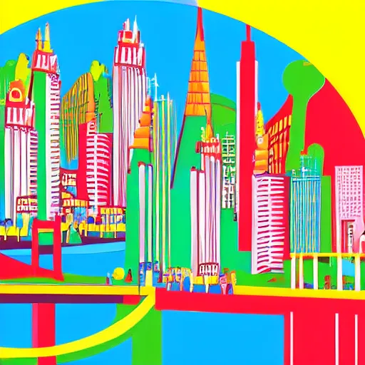 Image similar to city scape, colorful kids book illustration by dr seuss, with towers, bridges, stairs