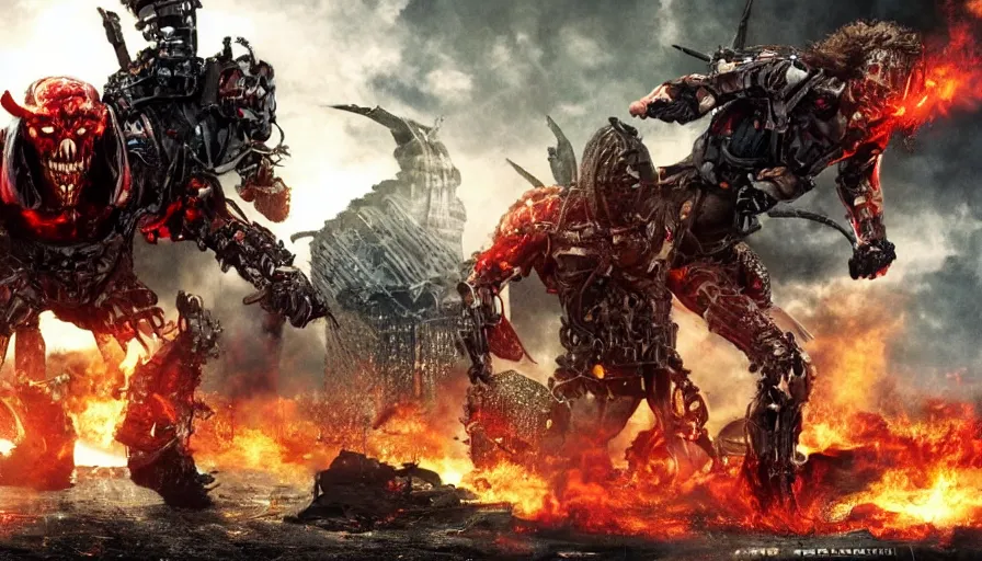 Image similar to big budget action movie about demonic battle cyborgs destroying a city