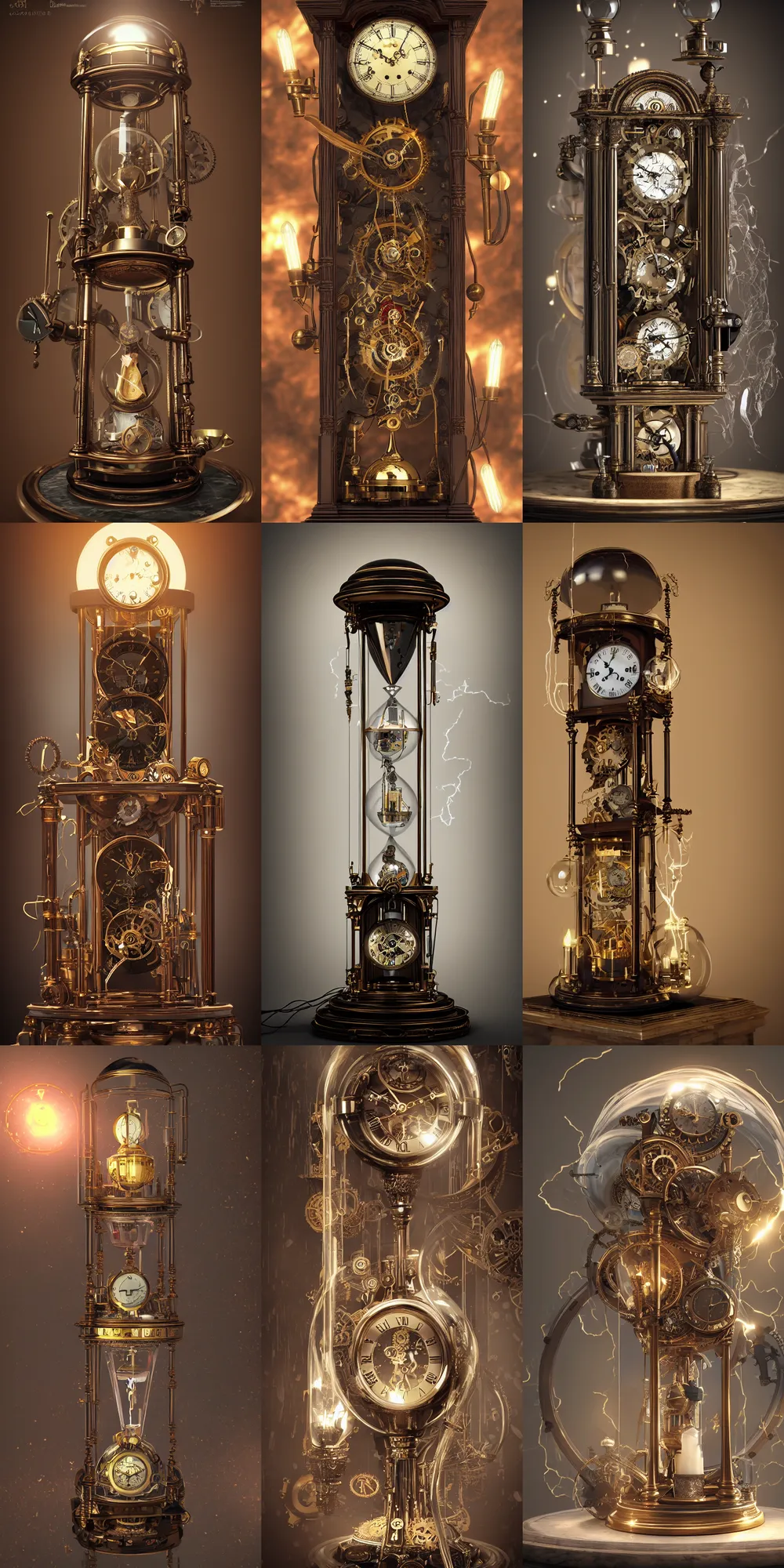 Prompt: steampunk grandfatherclock inside a marble, hourglass, lightning, intricate detail, volumetric lighting, epic composition, hyper detailed, ultra realistic, sharp focus, octane render, candle, volumetric, ray tracing, artstation trending, cgsociety, sense of awe, swirling mist, 4 k