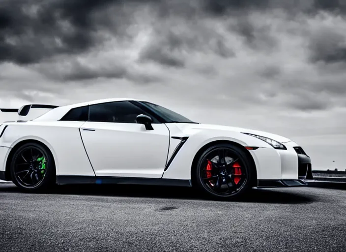 Image similar to 105mm photograph f1.8 full view mid distance front side view white Nissan GT-R showroom beautiful lighting from 2022