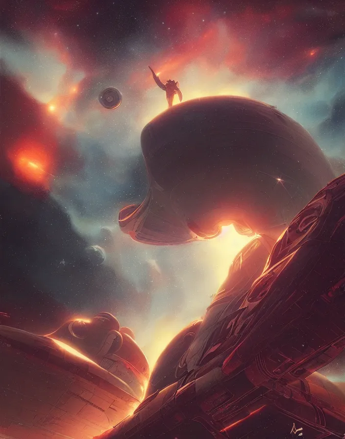 Prompt: Retro futuristic Sci-Fi poster by Moebius and Greg Rutkowski, Giant spaceship, nebulae, starry sky