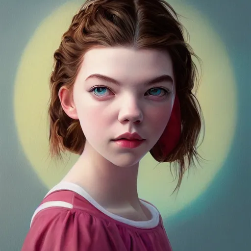 Prompt: a beautiful scenic painting of a beautiful young girl that looks like anya taylor - joy by artgerm and wlop and wes anderson and spike jonze