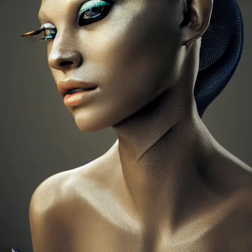 Image similar to portrait of a stunningly beautiful sleek alien tribal female, depth of field, zeiss lens, detailed, symmetrical, centered, fashionc photoshoot, by Annie Leibovitz and Steve McCurry, David Lazar, Jimmy Nelsson, Breathtaking, 8k resolution, extremely detailed, beautiful, establishing shot, artistic, hyperrealistic, beautiful face, octane render