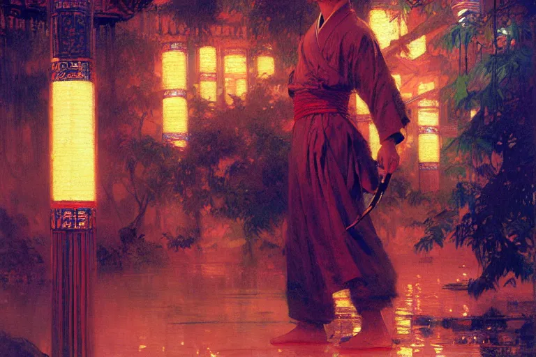 Prompt: wuxia, summer, attractive male, neon light, painting by gaston bussiere, craig mullins, j. c. leyendecker