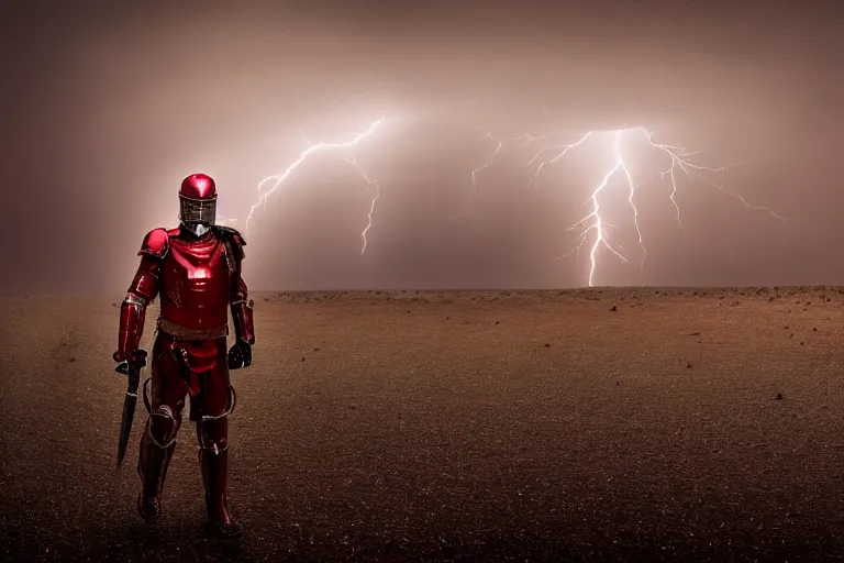 Prompt: a cinematic landscape photograph of a man dressed in red armour trekking through a desert, dust storm, thunder and lightning, lee madgwick and zack snyder, 8 k, hd, high resolution, 3 5 mm, f / 3 2, tenet