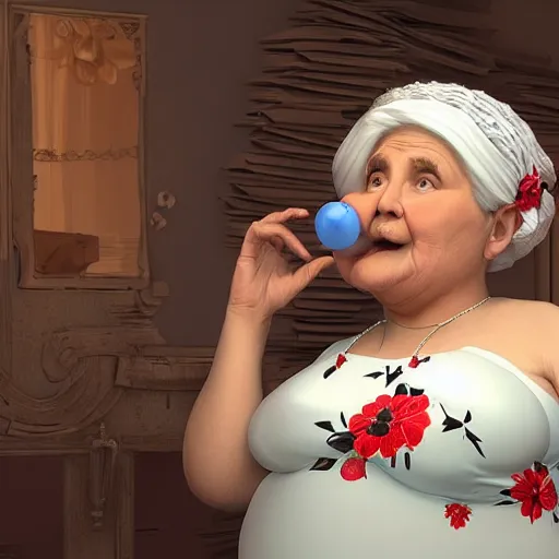 Image similar to of a very funny scene. ambient occlusion render. a sweet fat old woman is in kissing her huge belly. flowery dress. mirror. symmetrical face, red mouth, blue eyes. deep focus, lovely scene. ambient occlusion render. concept art. unreal engine.